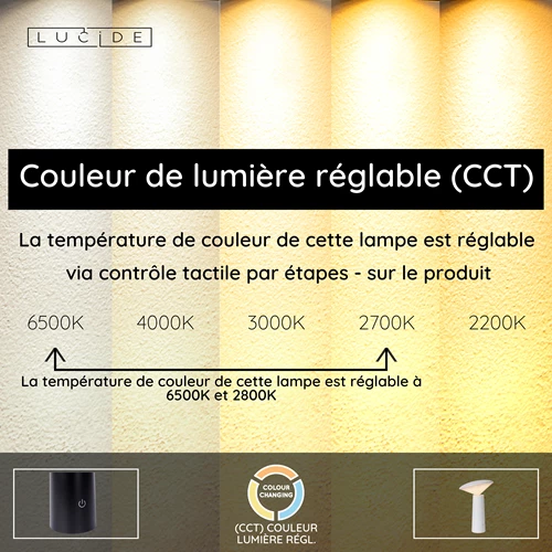 Lucide JIVE - Lampe de table Rechargeable Intérieur/Extérieur - Batterie/Piles - Ø 13,7 cm - LED Dim. - CCT - 1x3W 2800K/6500K - IP44 - Blanc - USP